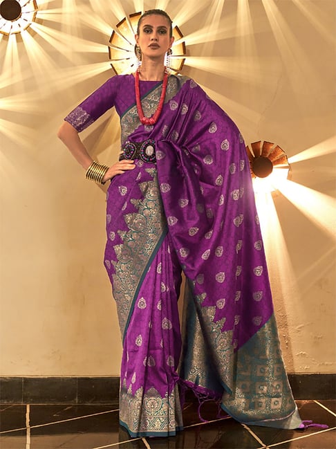 Saree Mall Purple Silk Woven Saree With Unstitched Blouse Price in India