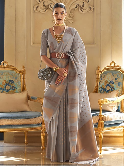 Saree Mall Grey Woven Saree With Unstitched Blouse Price in India