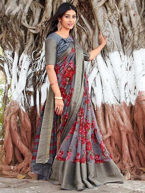 Saree Mall Grey Woven Saree With Unstitched Blouse Price in India