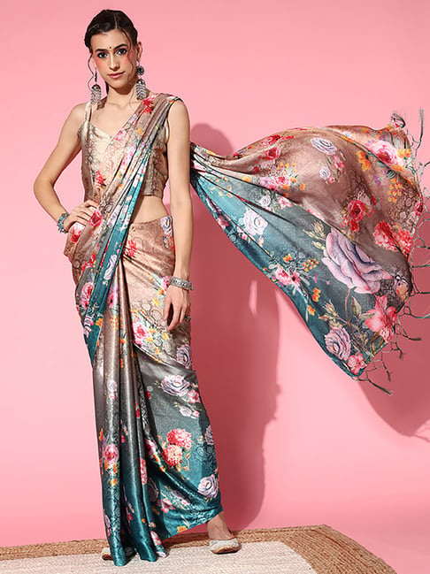 Saree Mall Beige & Blue Saree With Unstitched Blouse Price in India