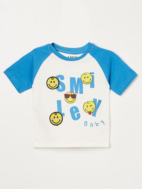 Juniors by Lifestyle Kids Ivory & Blue Cotton Printed T-Shirt