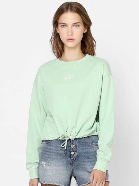 Buy Only Light Green Cotton Logo Print Sweatshirt for Women Online