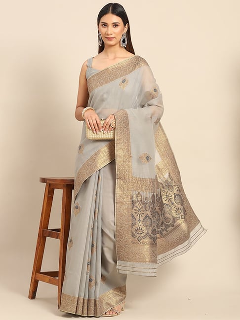 Saree Mall Grey Silk Woven Saree With Unstitched Blouse Price in India