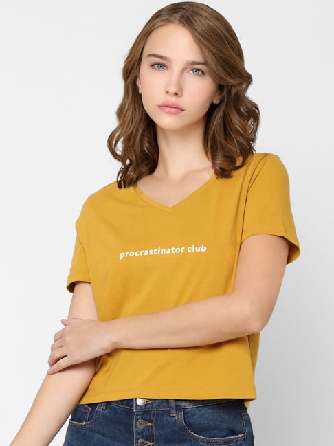 Buy Only Mustard Cotton Graphic Print T-Shirt for Women Online