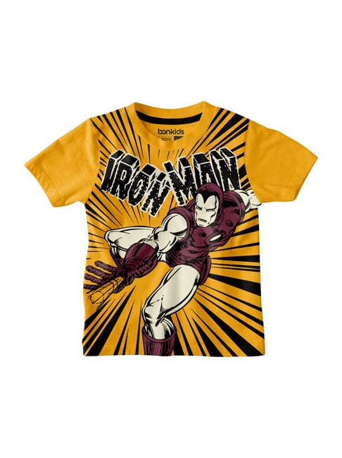 Bonkids Kids Yellow Black Cotton Printed Iron Man T-Shirt