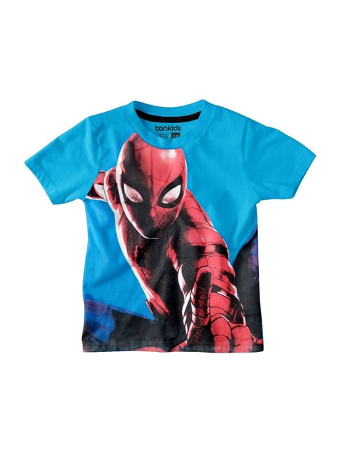 Bonkids Kids Blue & Red Cotton Printed Spiderman T-Shirt