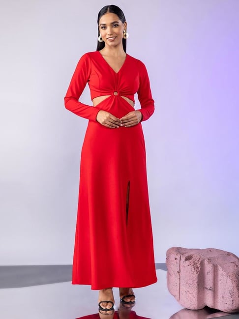 Kamala Low Back Satin Maxi Dress - Red - MESHKI U.S