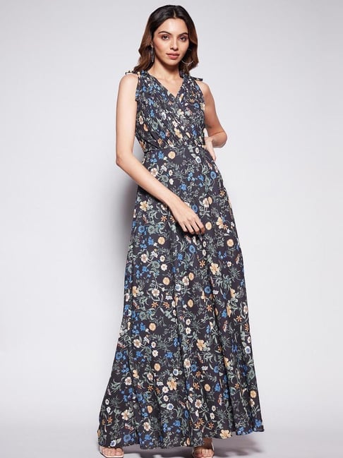 Olive green Flower Printed Maxi Dress with Waisted Tie-Up Belt – Dezeb
