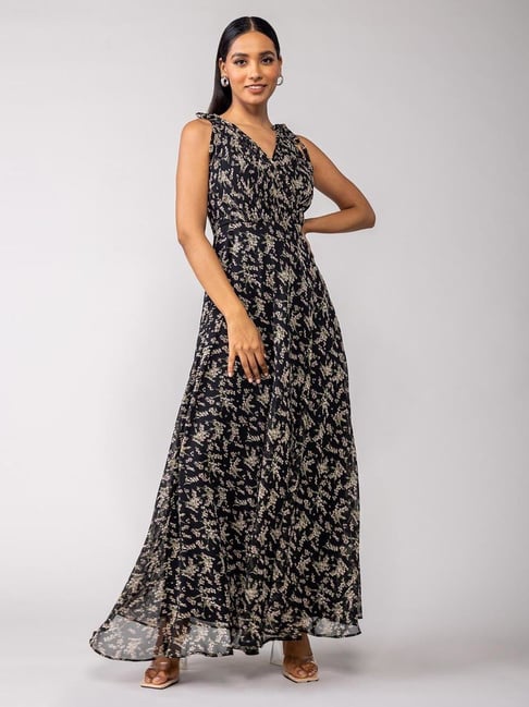 Black Floral Lace Mesh Overlay V Neck Maxi Dress | Lime Lush