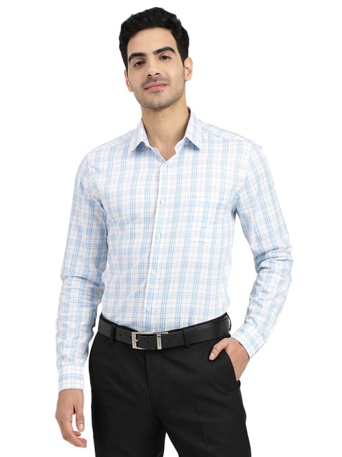 Arrow White & Blue Cotton Slim Fit Checks Shirt