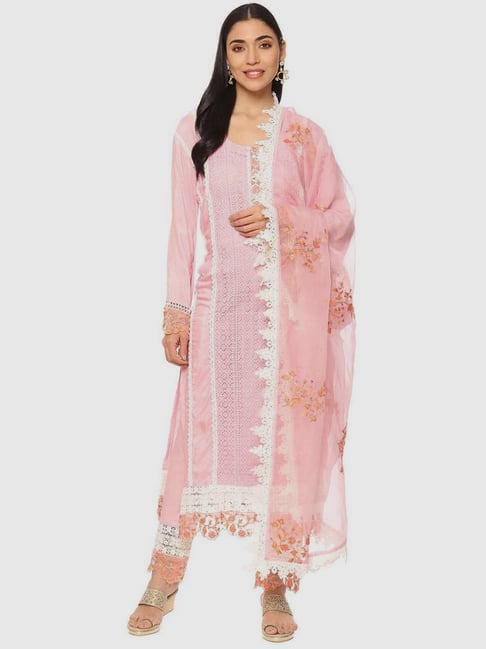 Biba Pink Embroidered Unstitched Dress Material