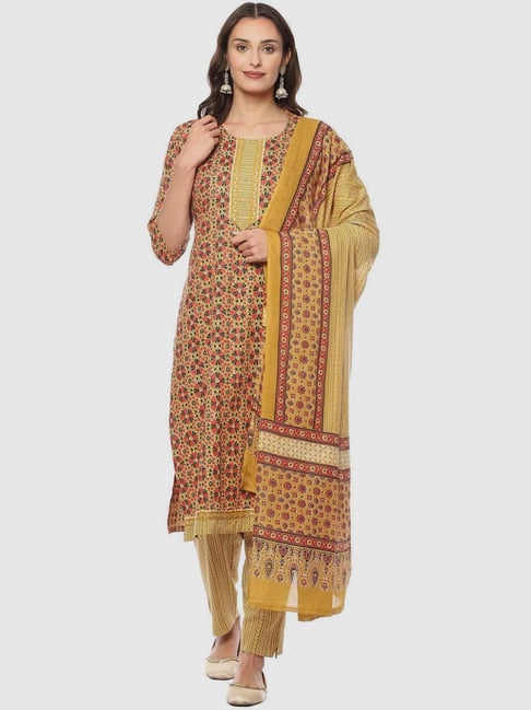 Biba Yellow & Rust Floral Print Cotton Unstitched Dress Material