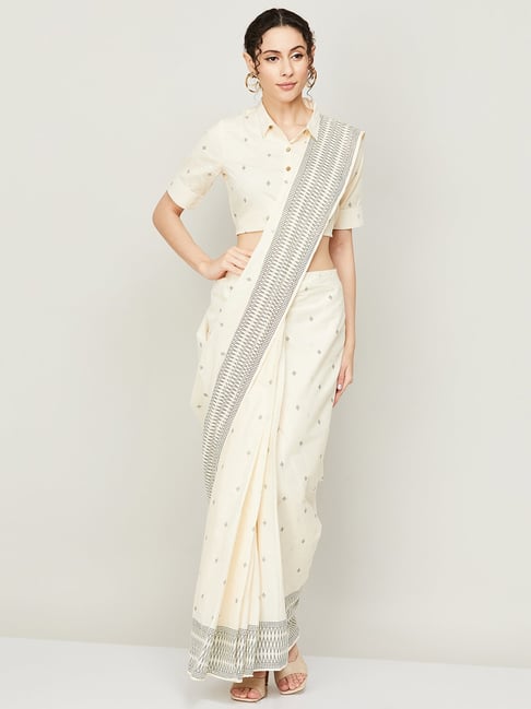 Melange by Lifestyle Off-White Cotton Printed Saree With Readymade Blouse Price in India