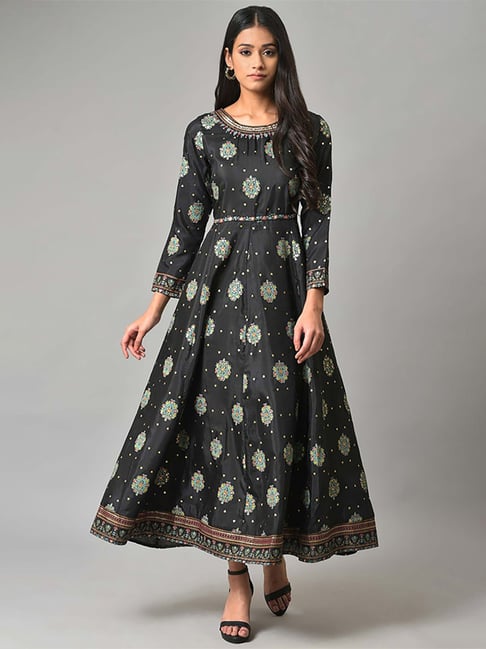 W Black Floral Print Maxi Dress Price in India