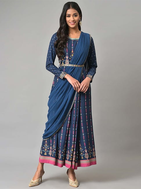 W Blue Printed Maxi Dress With Attached Dupatta Price in India