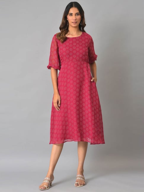 W Pink Printed A-Line Dress Price in India