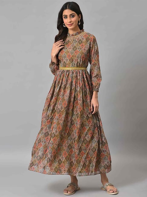 Wishful by W Olive Green & Blue Printed Maxi Dress Price in India