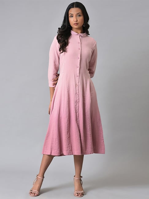 W Pink Cotton A-Line Dress Price in India