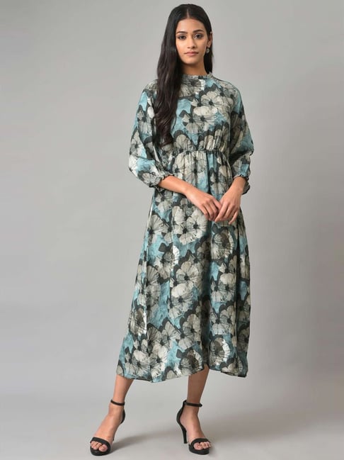 W Teal Blue & Grey Cotton Floral Print A-Line Dress Price in India