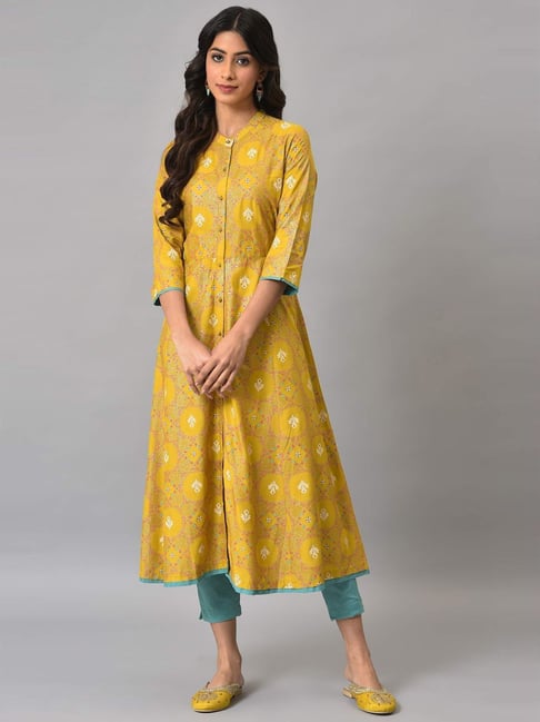 W Mustard & Blue Printed Kurta Pant Set