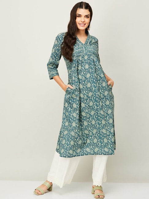 Melange by Lifestyle Blue Cotton Printed A Line Kurta Price in India