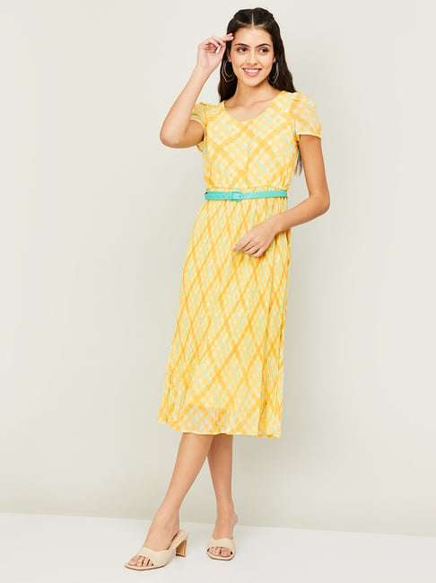 Code by Lifestyle Yellow Printed A-Line Dress Price in India