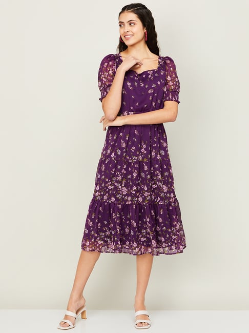 Code by Lifestyle Purple Printed A-Line Dress Price in India