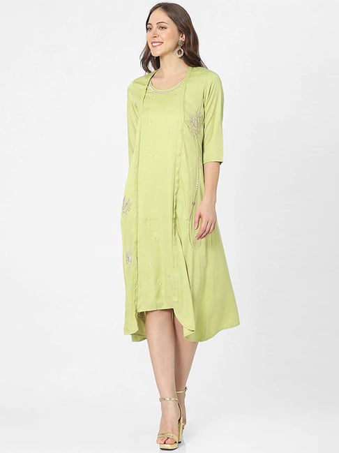 INDIFUSION Green Embroidered A-Line Dress Price in India