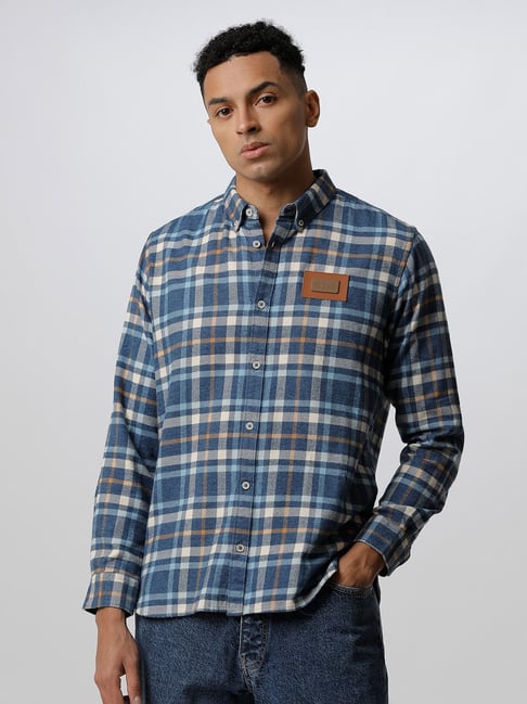 The Bear House Blue Cotton Slim Fit Checks Shirt