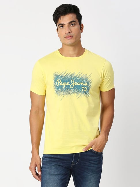 Pepe Jeans FLYER Yellow Slim Fit Printed Crew T-Shirt