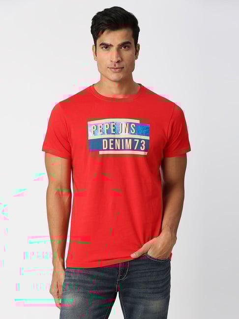 Pepe Jeans OPTIMUS Red Slim Fit Printed Cotton Crew T-Shirt