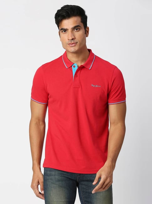 Pepe Jeans MAXTON Red Regular Fit Cotton Polo T-Shirt