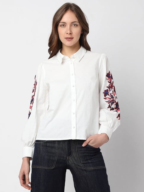 Vero Moda White Cotton Embroidered Shirt