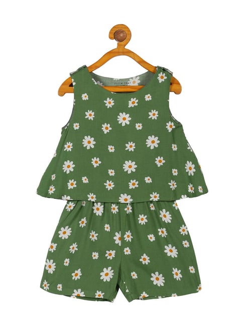 Plum Tree Kids Green & White Floral Print Jumpsuit
