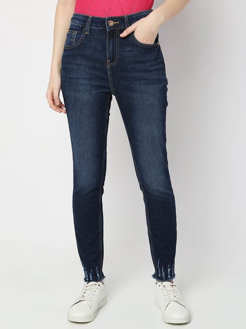 Vero Moda Dark Blue Cotton Distressed Jeans