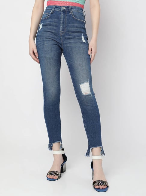 Buy Vero Moda Blue Cotton Distressed Jeans for Women Online Tata