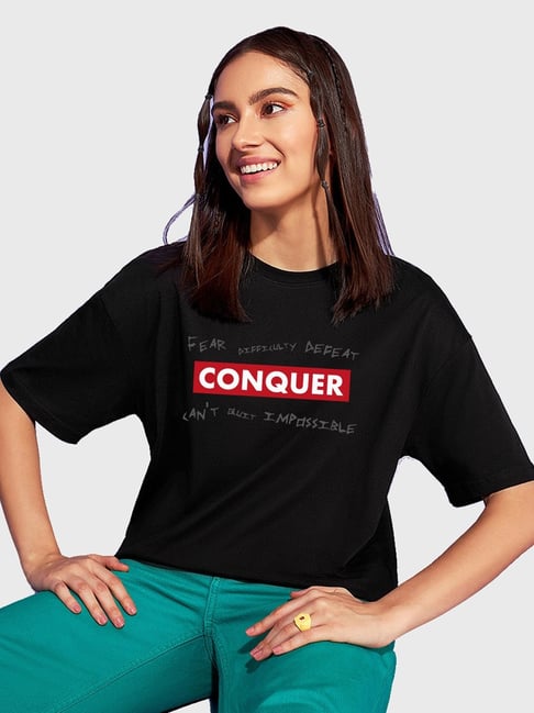 Buy Bewakoof Black Cotton Graphic Print Oversized T-Shirt for