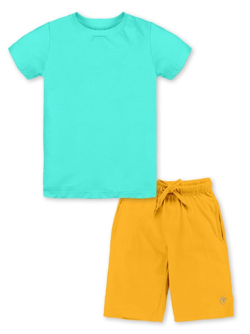 Kiddopanti Kids Aqua Blue & Mustard Solid T-Shirt with Shorts