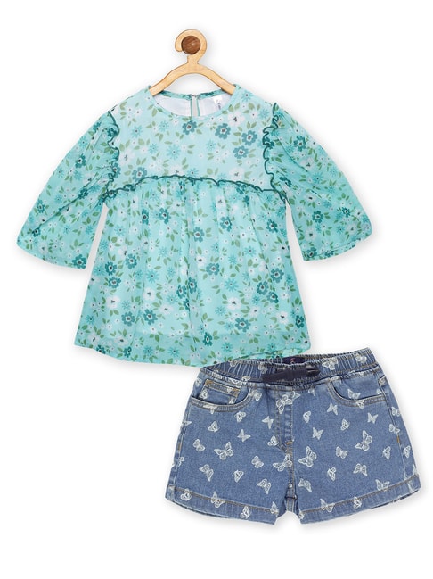 Kiddopanti Kids Blue Floral Print Full Sleeves Top with Shorts