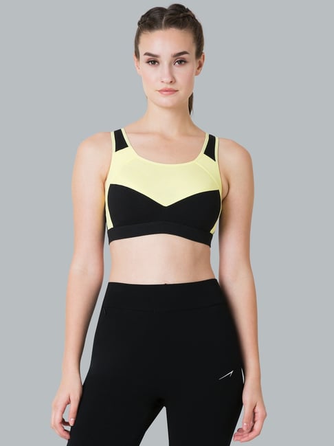 Buy Van Heusen Yellow & Black Cotton Color-Block Sports Bra for