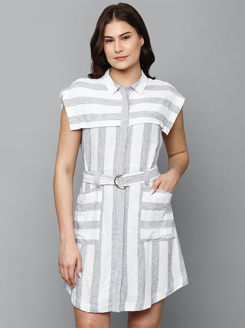 Allen Solly White & Grey Striped A-Line Dress Price in India
