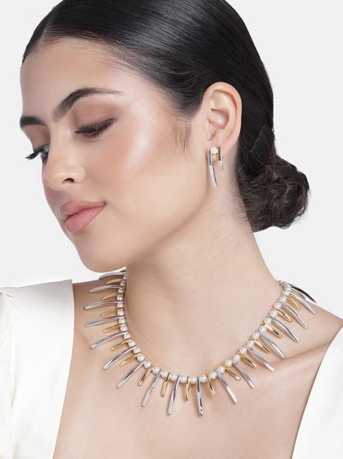 Estele Gold & Rhodium-Plated Pearl Studded Necklace & Earring Set for Women-picture-28