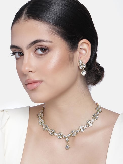 Estele Gold-Plated Traditional Kundan Leaf-Designed Necklace Set for Women-picture-23