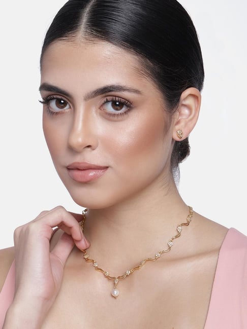 Estele Gold-Plated White CZ & Pearl Star Wave Necklace Set for Women-picture-39