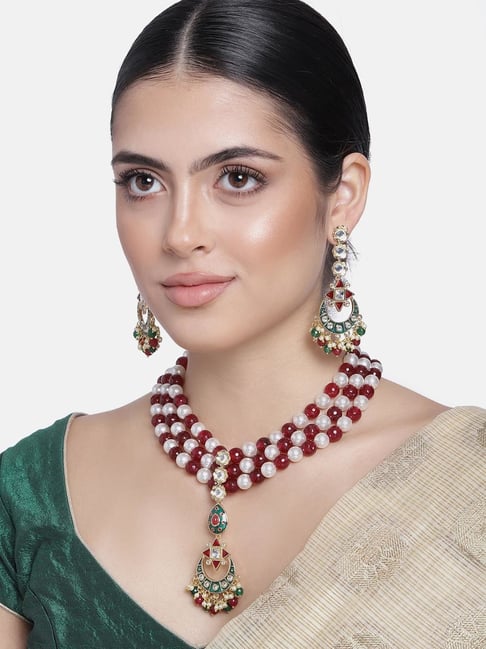 Estele Gold-Plated Kundan Ruby & Pearl Necklace Set with Meenakari for Women-picture-12
