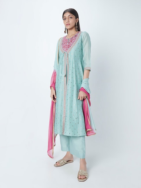 Vark by Westside Turquoise A-Line Kurta, Inner, Palazzos, Stole Price in India