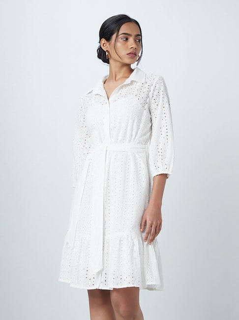 LOV by Westside White Schiffli Design Shirtdress With Belt Price in India