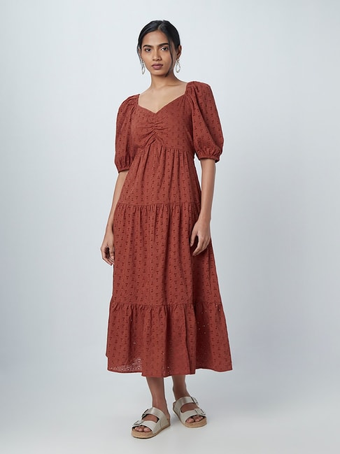 LOV by Westside Rust Schiffli Patterned Maxi Dress Price in India