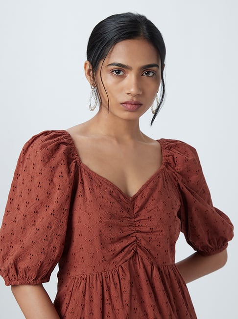 rust schiffli cotton dress Rust Orange Schiffli Cotton Dress Naksh For You