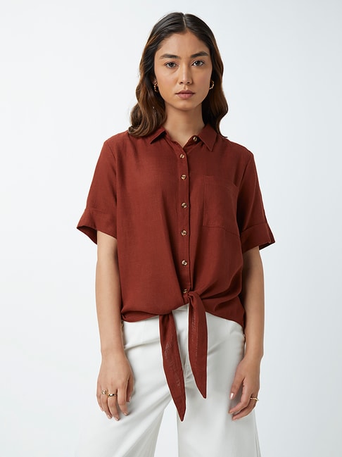LOV by Westside Brown High-Low Shirt Price in India